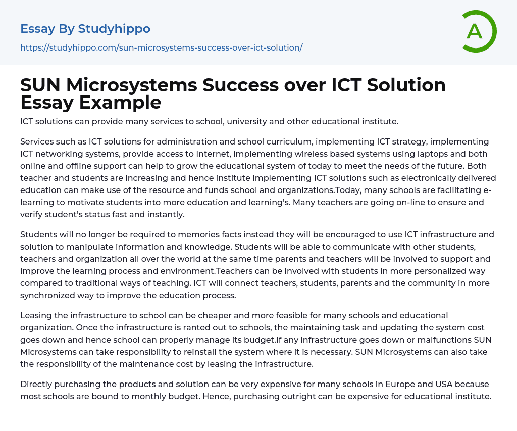 SUN Microsystems Success over ICT Solution Essay Example