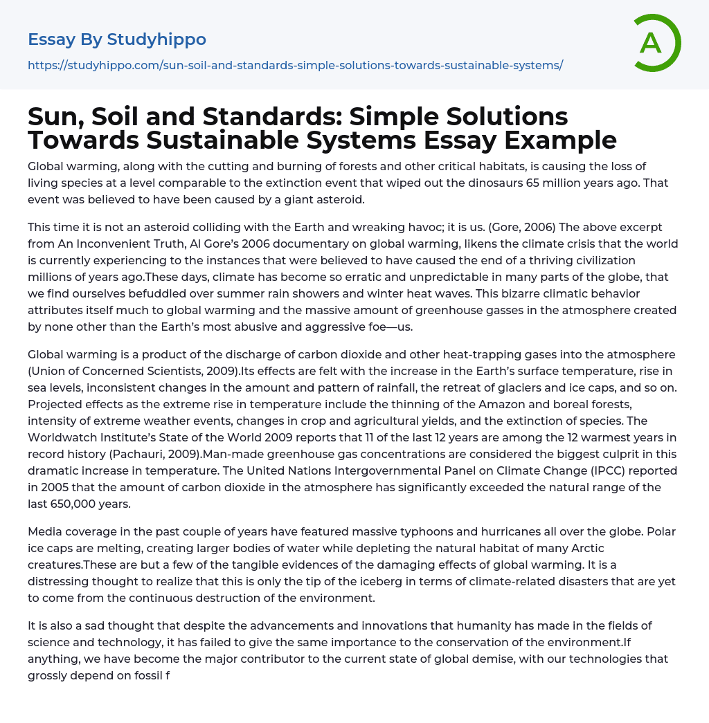 Sun, Soil and Standards: Simple Solutions Towards Sustainable Systems Essay Example
