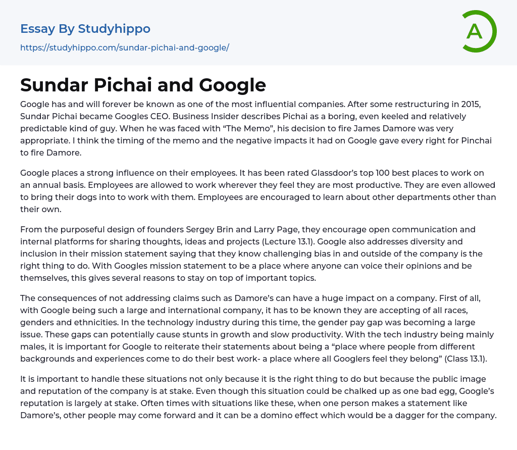 Sundar Pichai and Google Essay Example