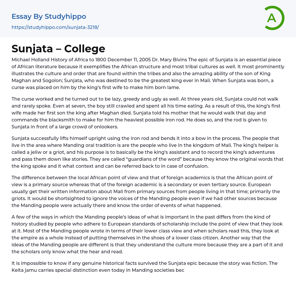 Sunjata – College Essay Example