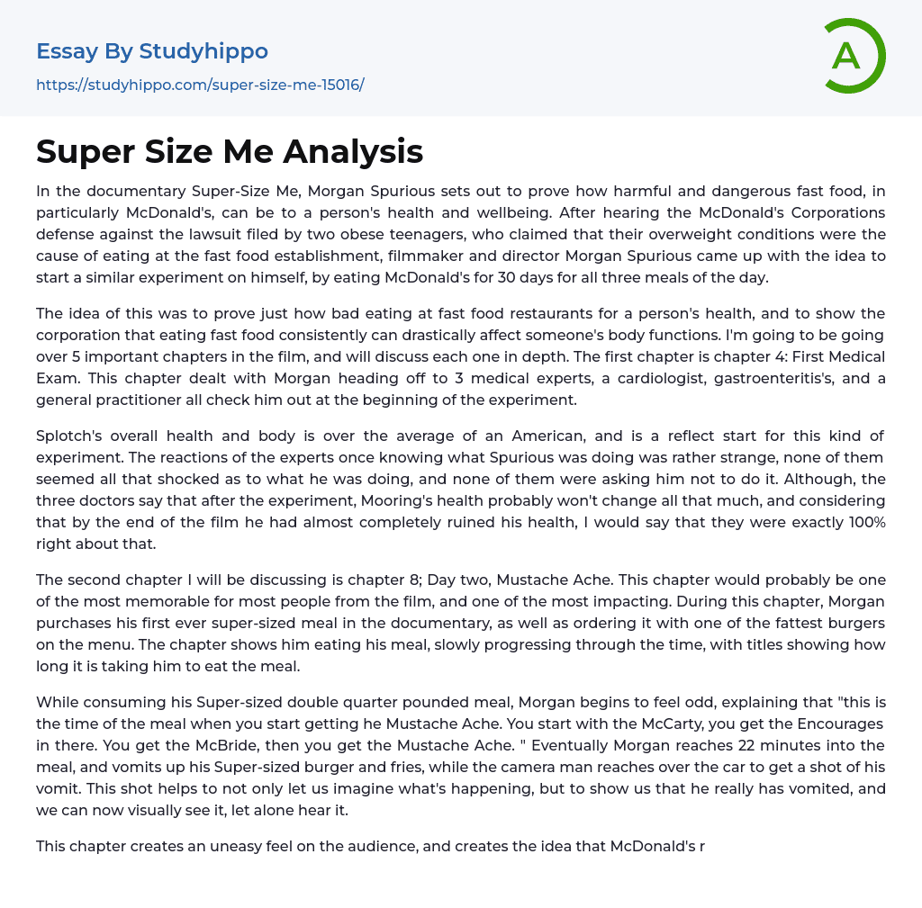 Super Size Me Analysis Essay Example