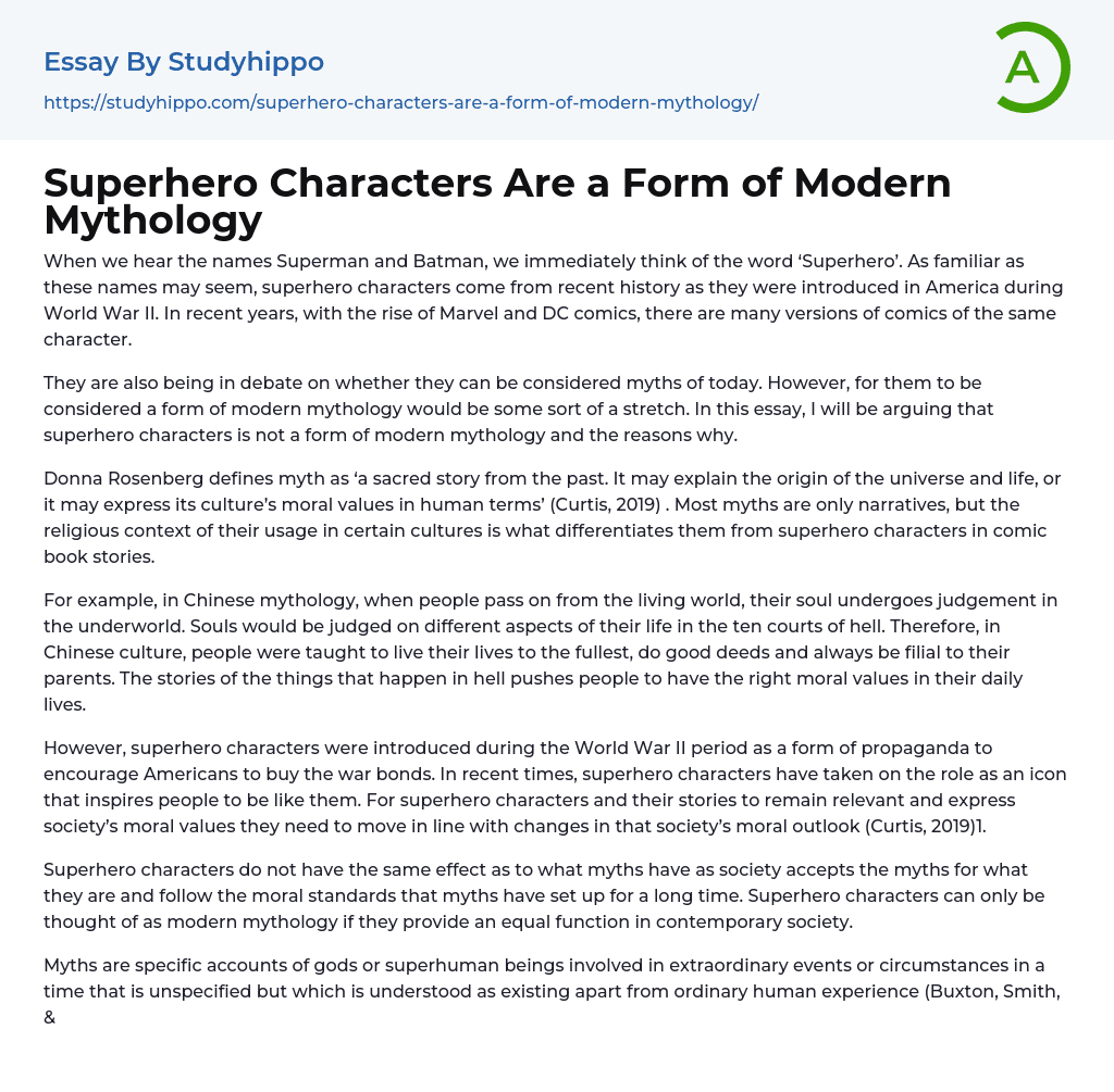 Superhero Characters Are a Form of Modern Mythology Essay Example