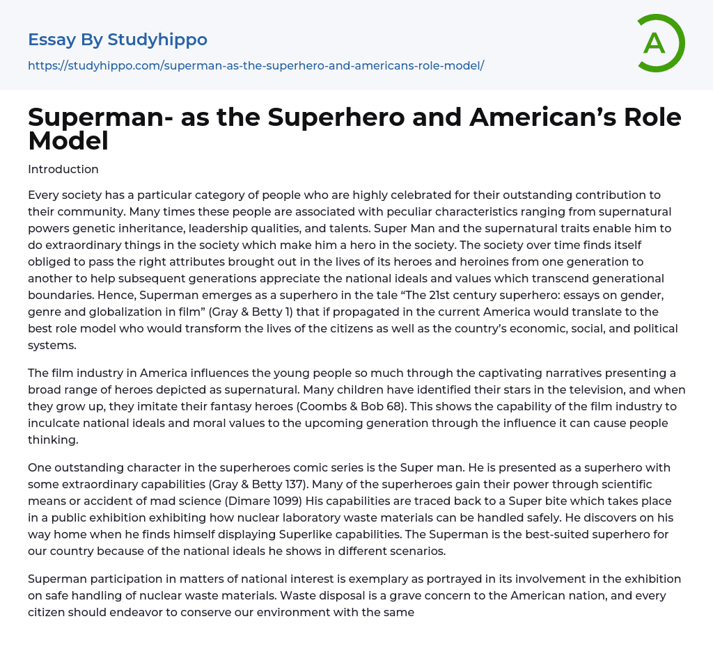Superman- as the Superhero and American’s Role Model Essay Example