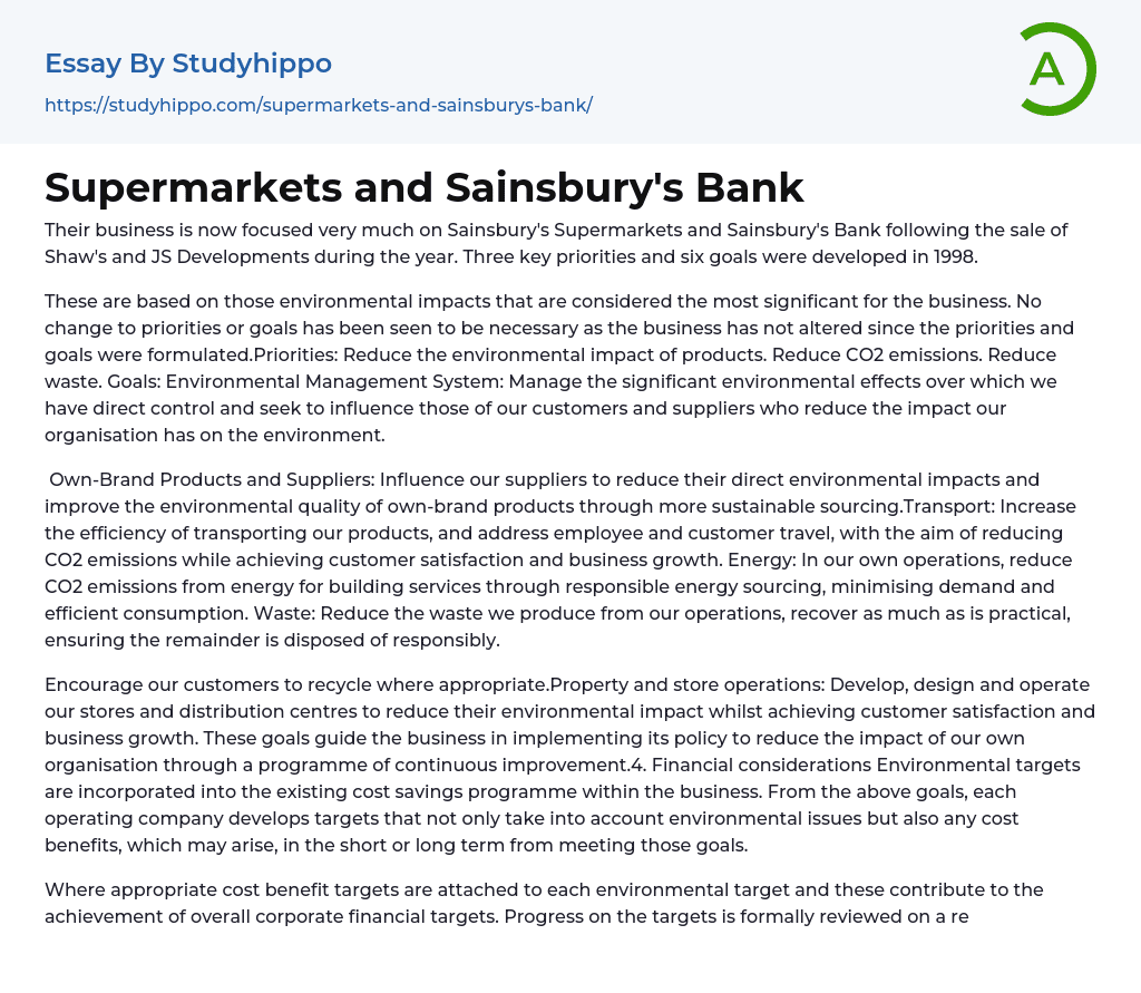 Supermarkets and Sainsbury’s Bank Essay Example