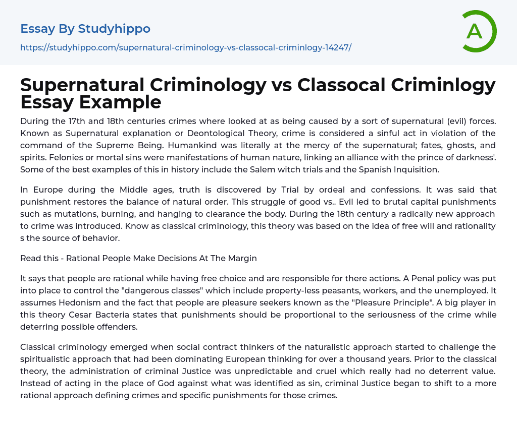 Supernatural Criminology vs Classocal Criminlogy Essay Example