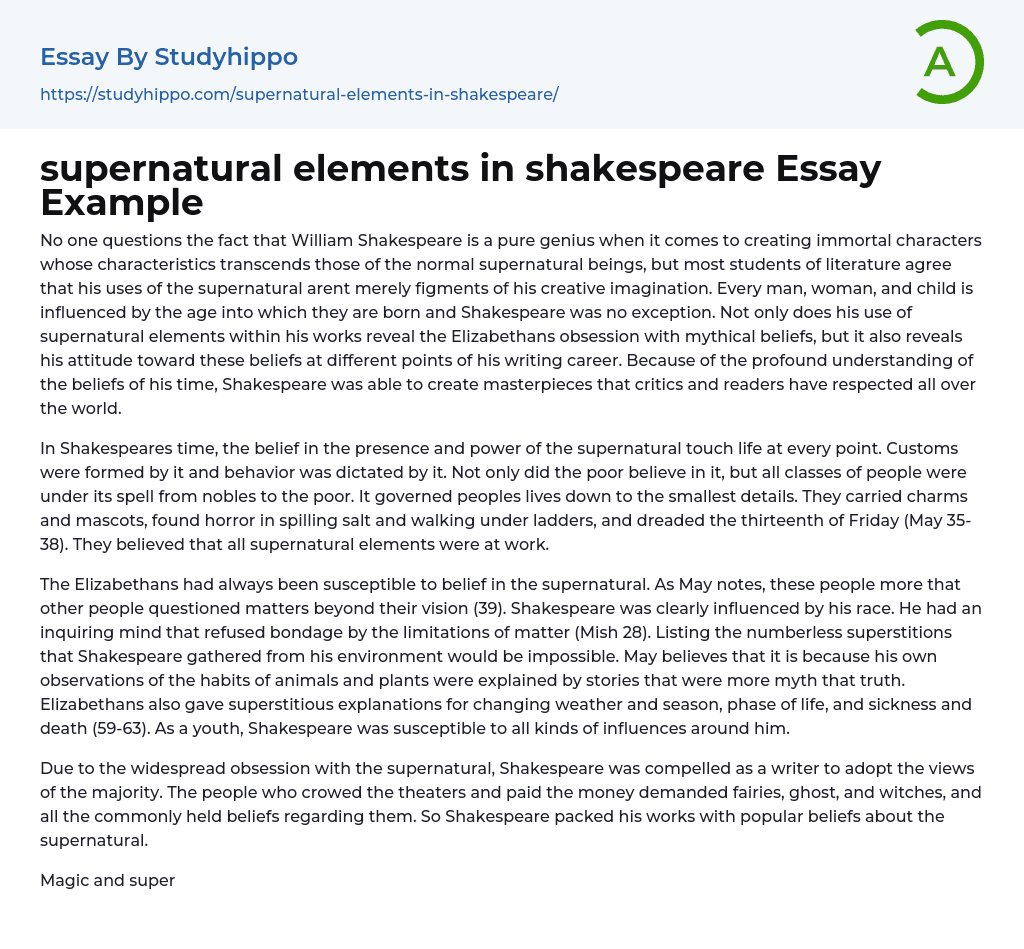 supernatural elements in shakespeare Essay Example