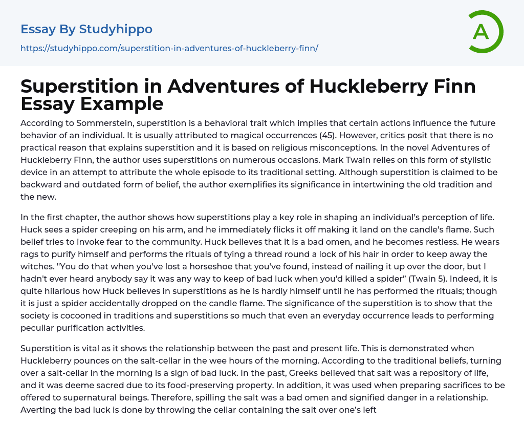 Superstition in Adventures of Huckleberry Finn Essay Example