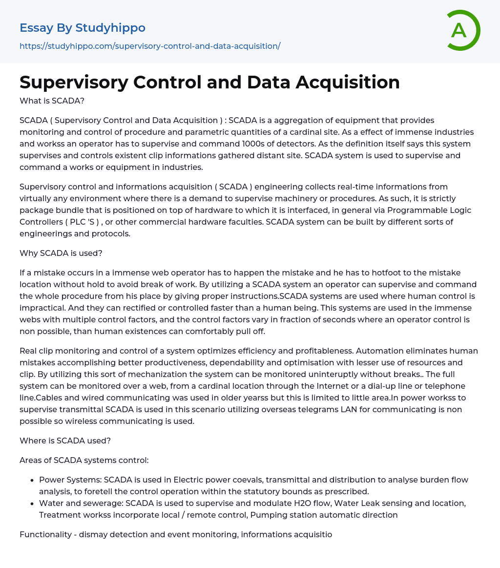 Supervisory Control and Data Acquisition Essay Example