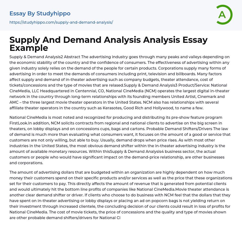 Supply And Demand Analysis Analysis Essay Example