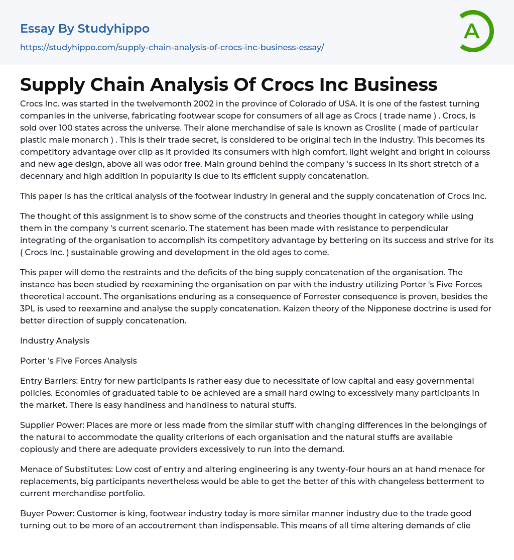 Supply Chain Analysis Of Crocs Inc Business Essay Example