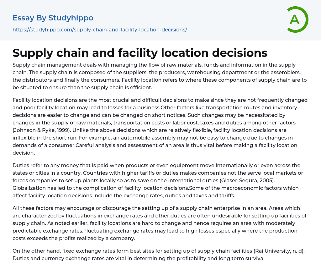 Supply chain and facility location decisions Essay Example