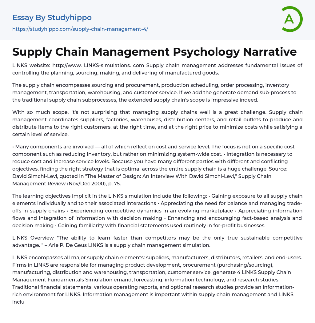 Supply Chain Management Psychology Narrative Essay Example
