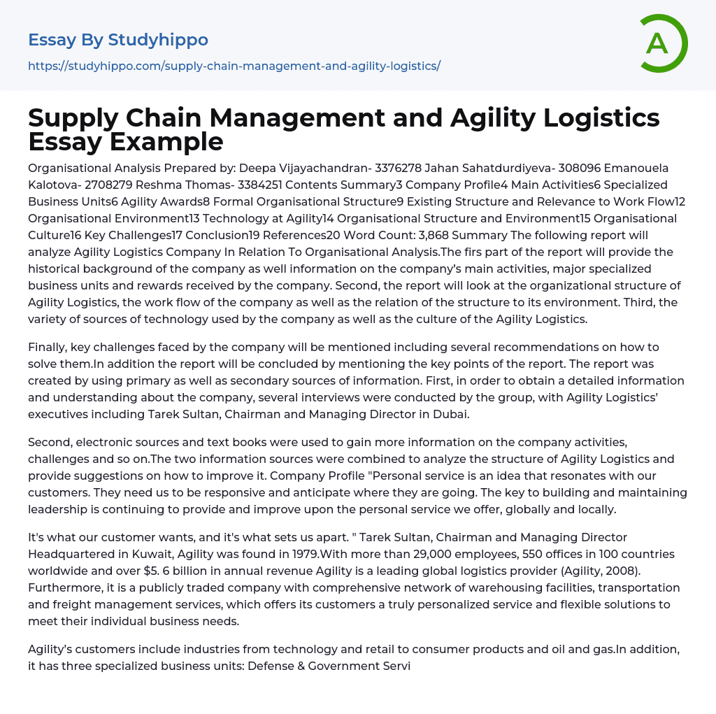 Supply Chain Management and Agility Logistics Essay Example