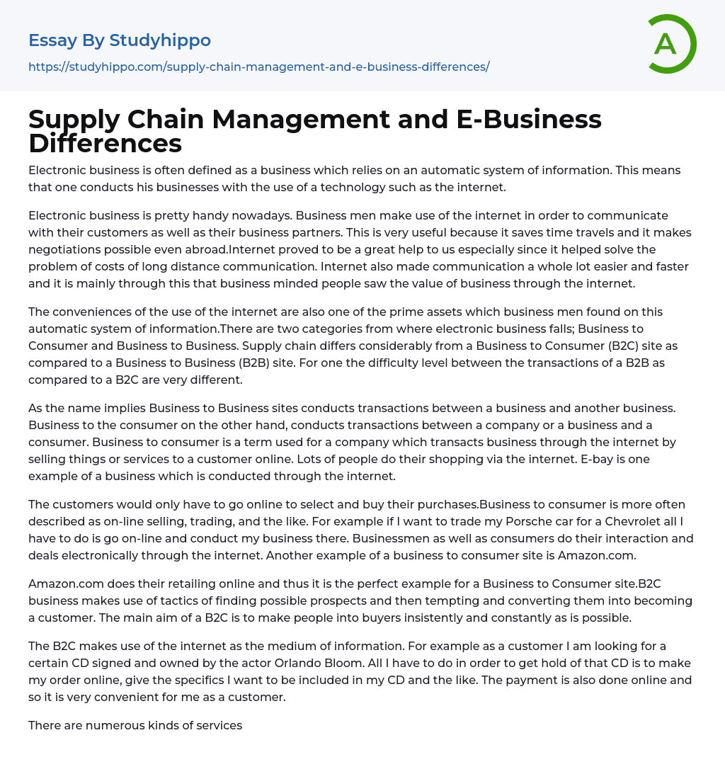 Supply Chain Management and E-Business Differences Essay Example