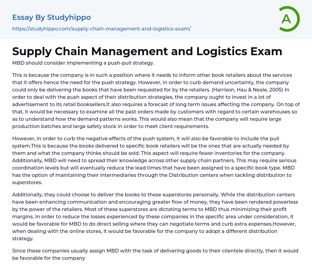 Supply Chain Management and Logistics Exam Essay Example