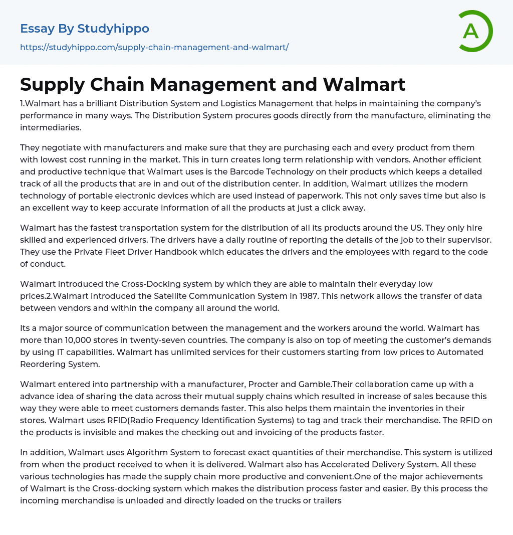 Supply Chain Management and Walmart Essay Example