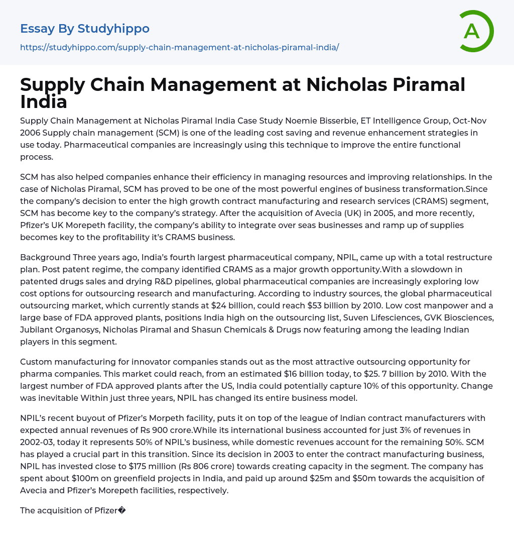 Supply Chain Management at Nicholas Piramal India Essay Example