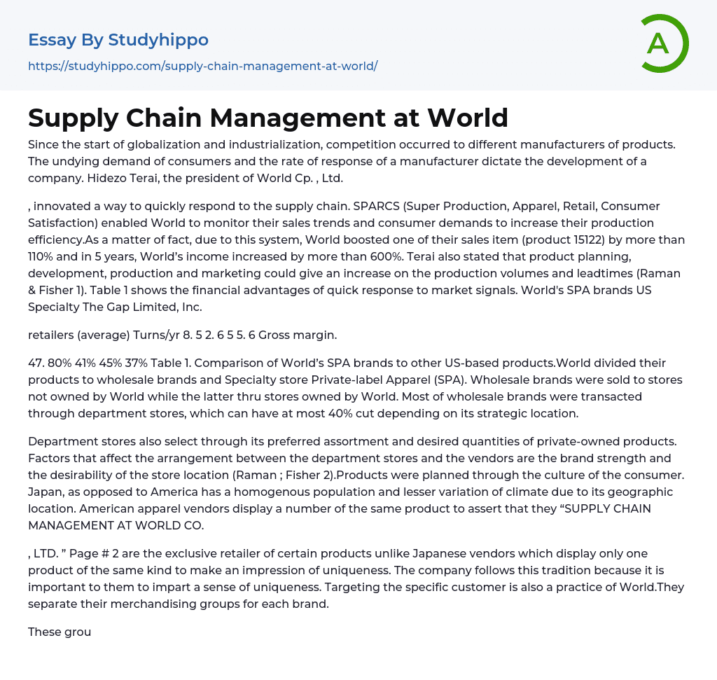 Supply Chain Management at World Essay Example