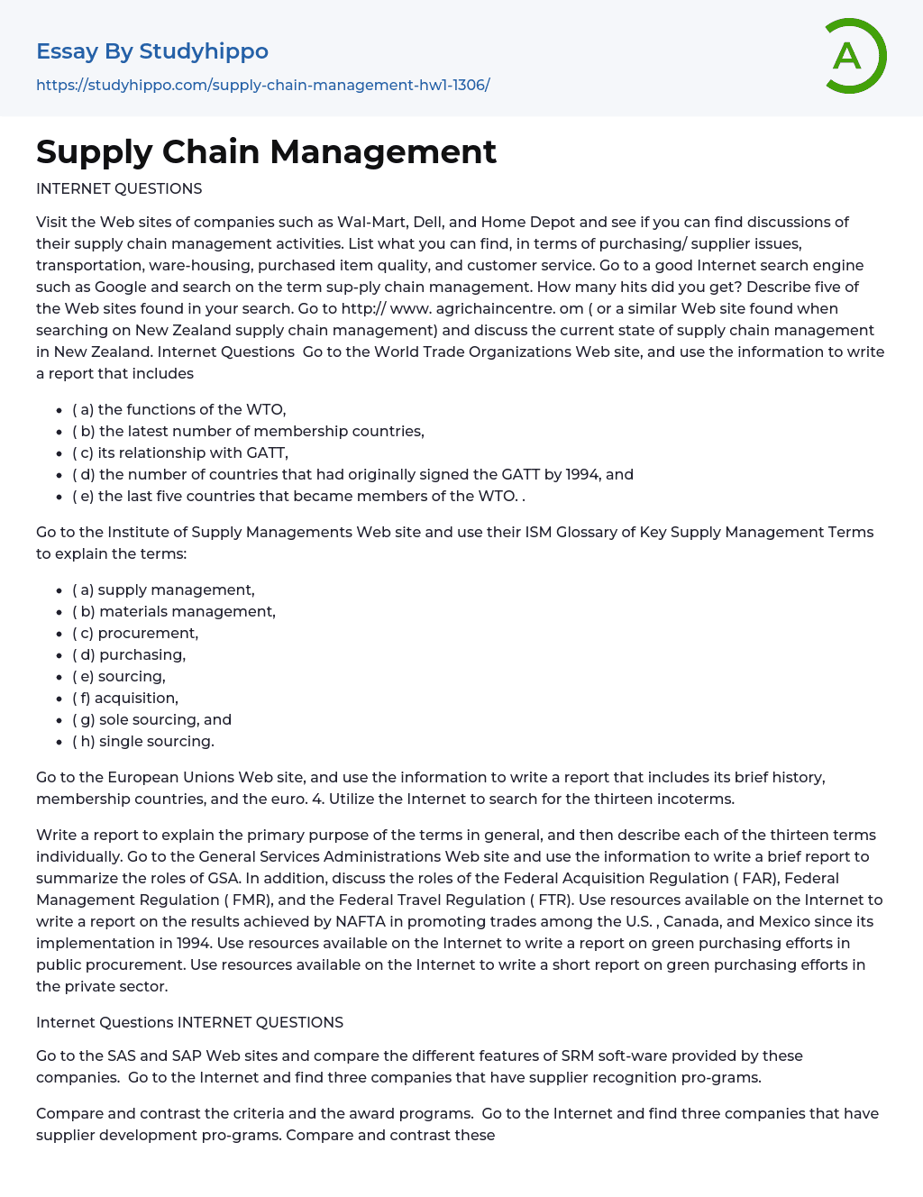 Supply Chain Management Essay Example