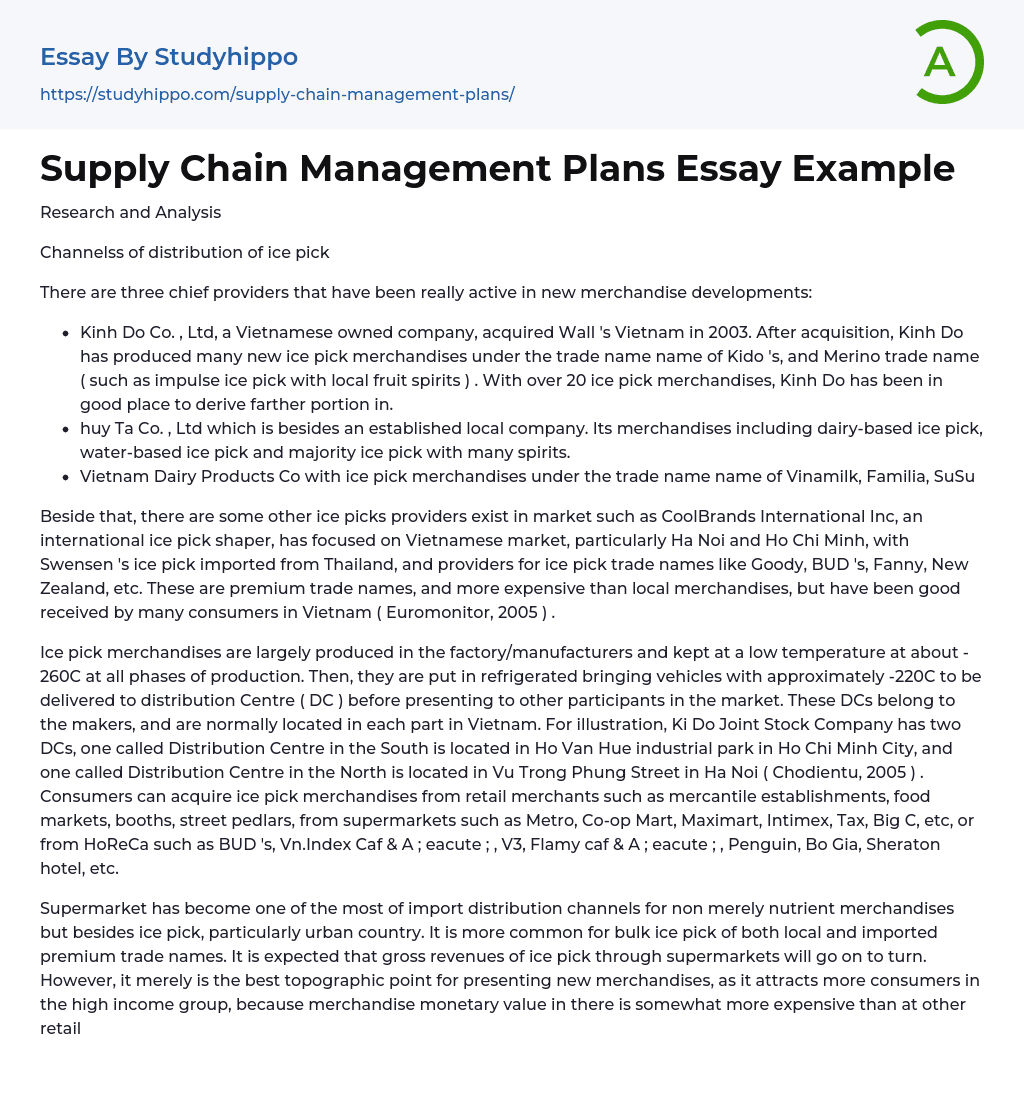 Supply Chain Management Plans Essay Example