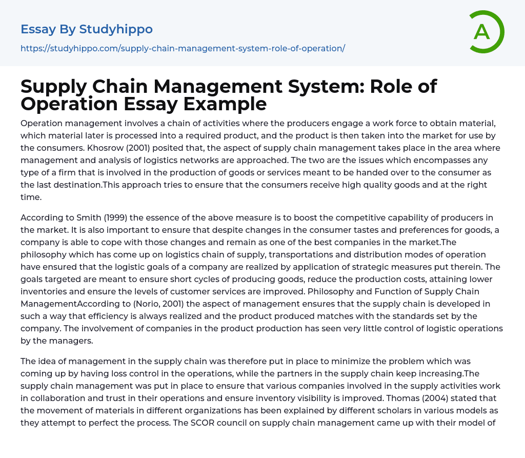 Supply Chain Management System: Role of Operation Essay Example