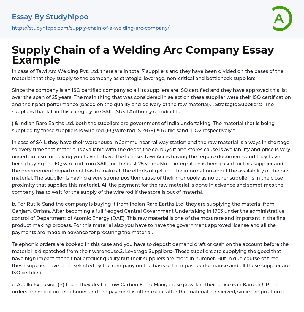Supply Chain of a Welding Arc Company Essay Example
