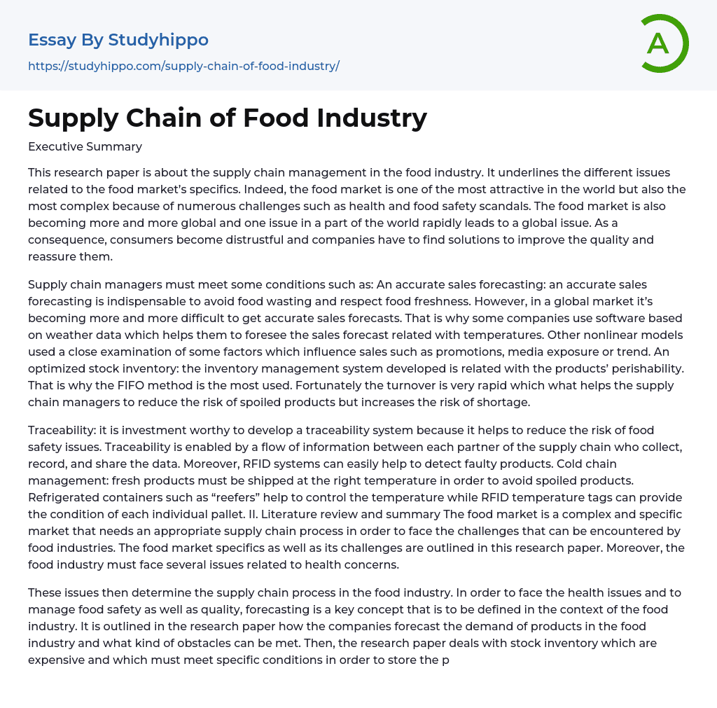 Supply Chain of Food Industry Essay Example