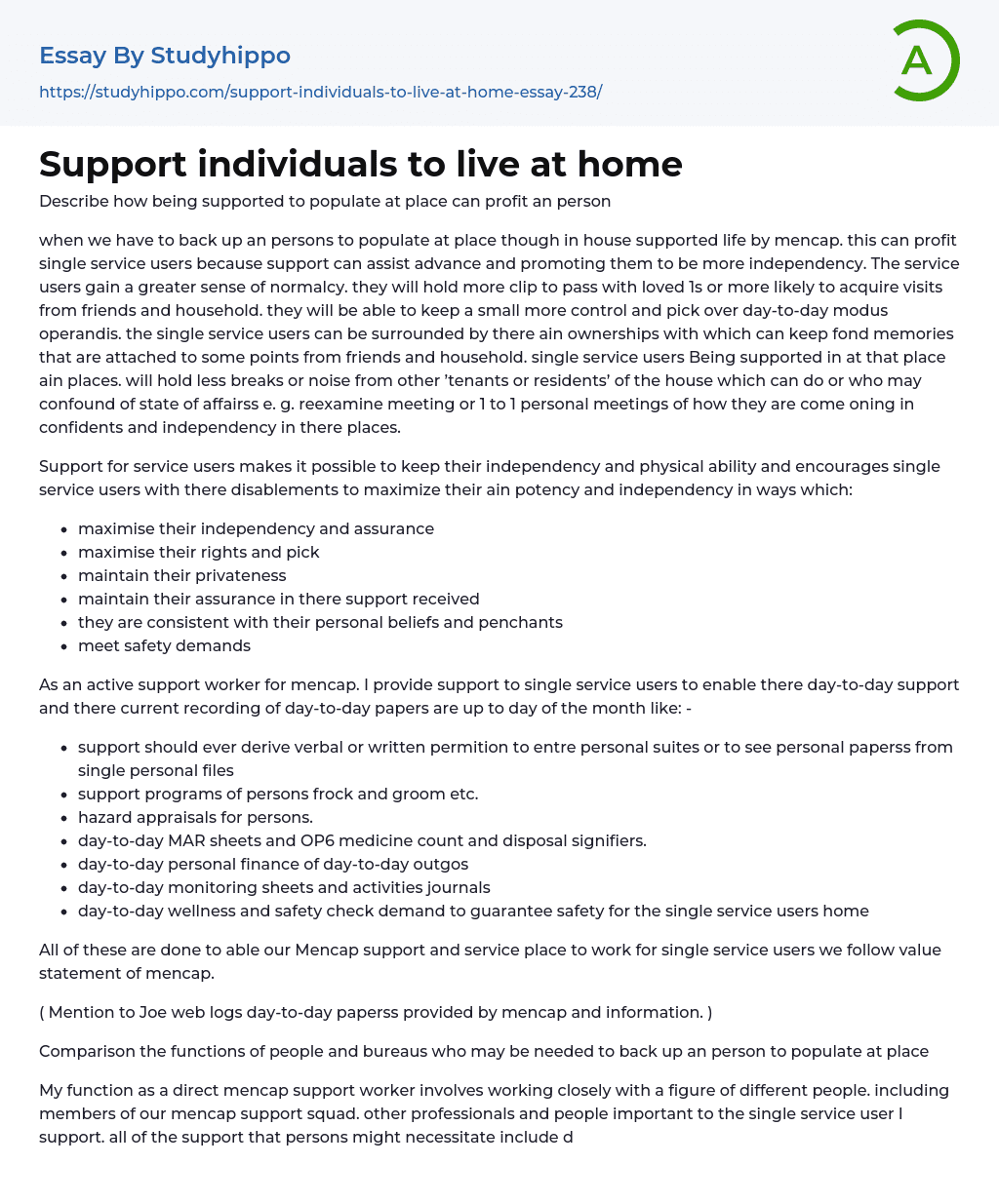Support individuals to live at home Essay Example