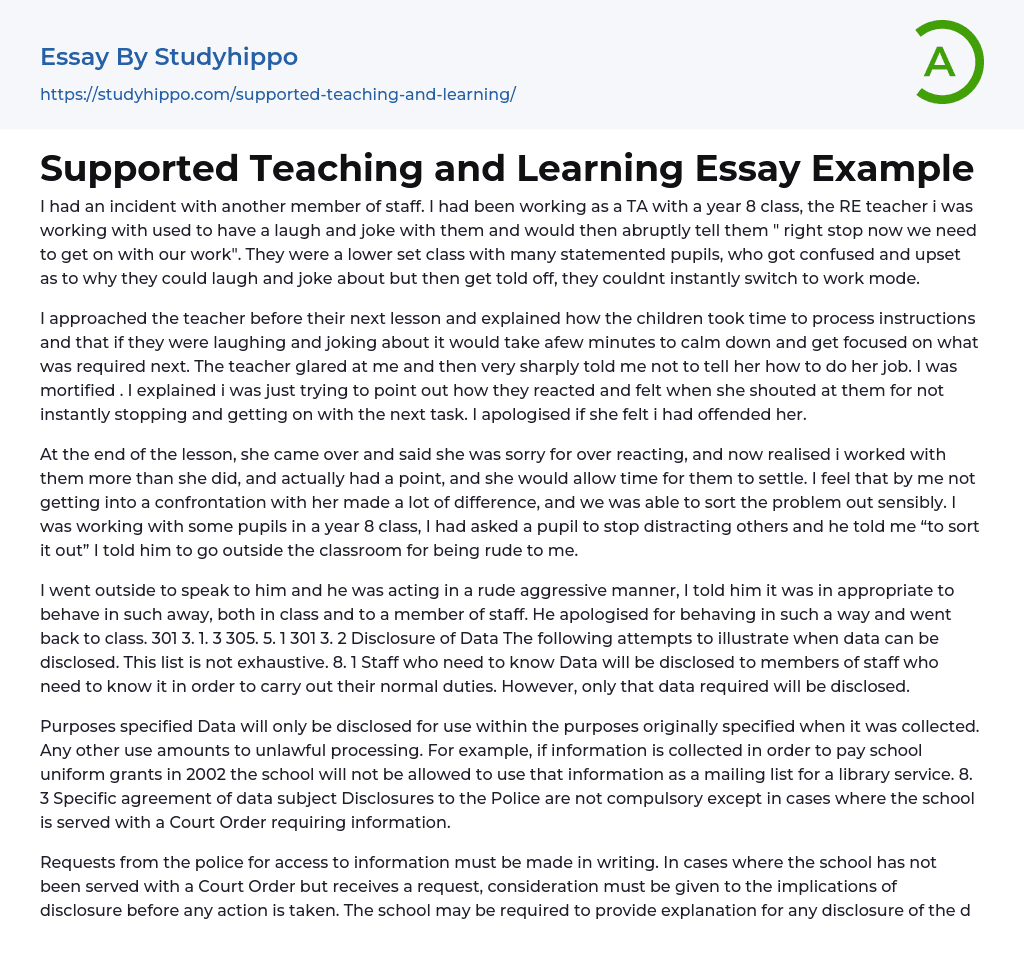 Supported Teaching and Learning Essay Example