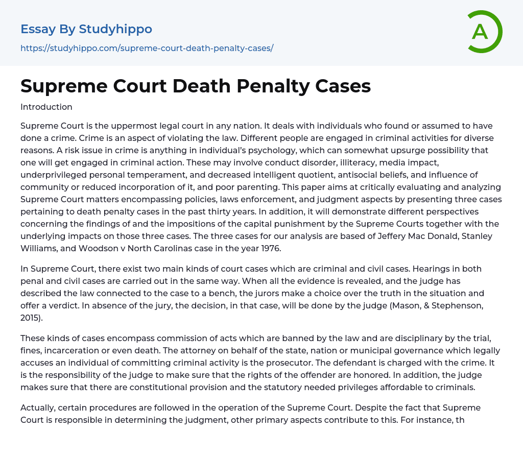 Supreme Court Death Penalty Cases Essay Example