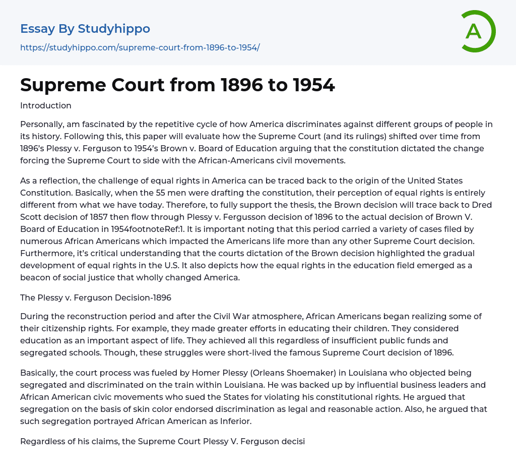 Supreme Court from 1896 to 1954 Essay Example