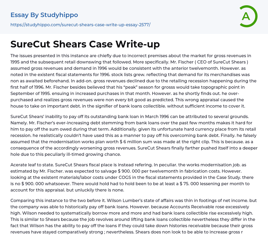 SureCut Shears Case Write-up Essay Example