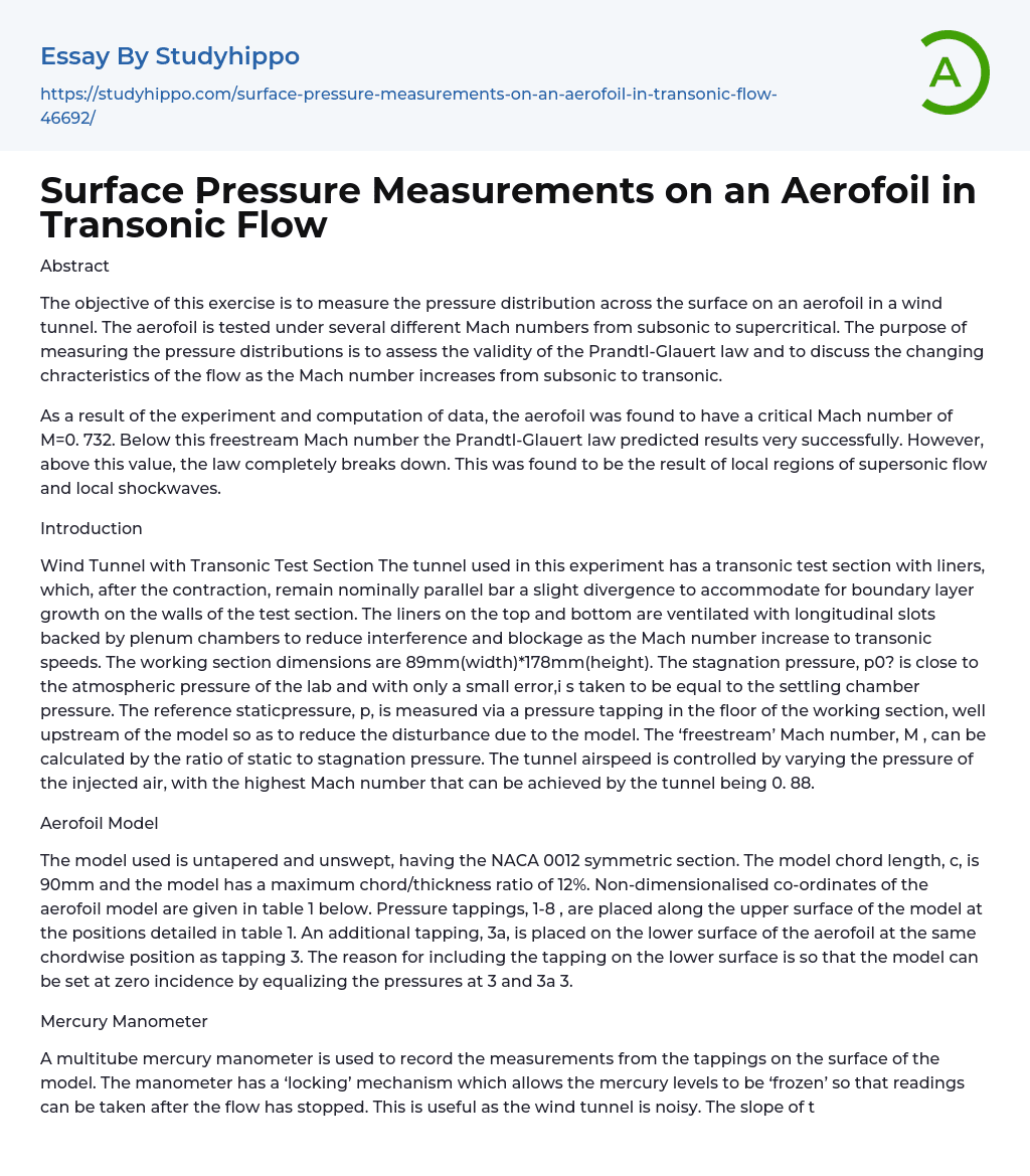 Surface Pressure Measurements on an Aerofoil in Transonic Flow Essay Example