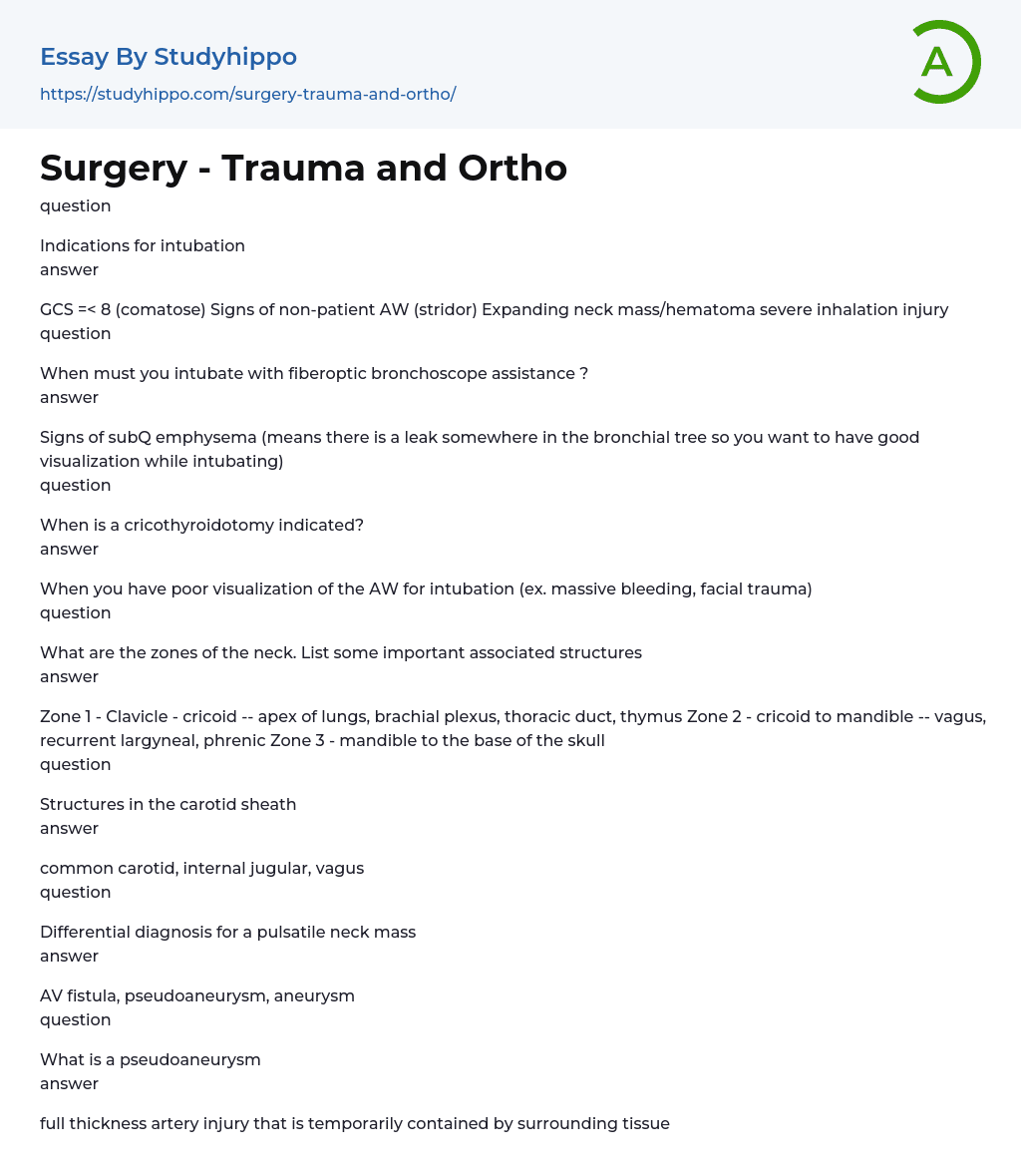 Surgery – Trauma and Ortho Essay Example