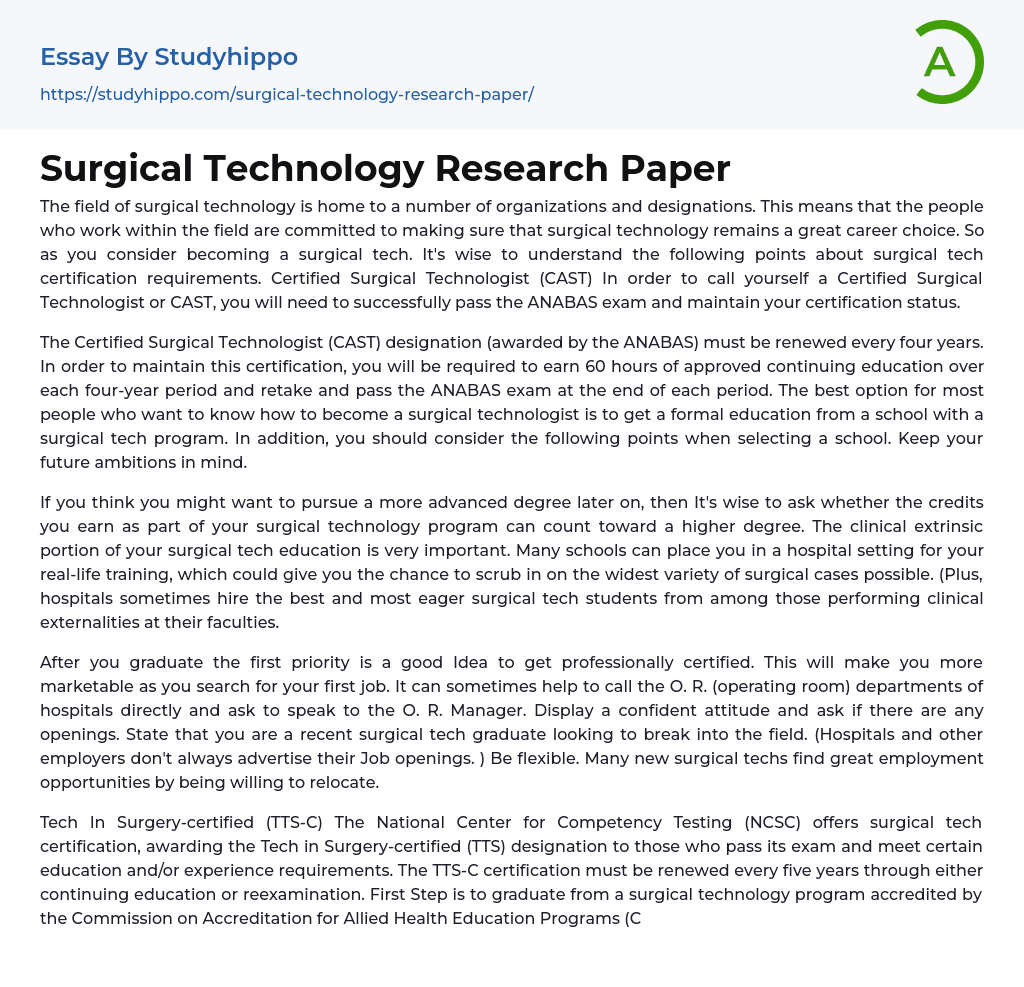 Surgical Technology Research Paper Essay Example