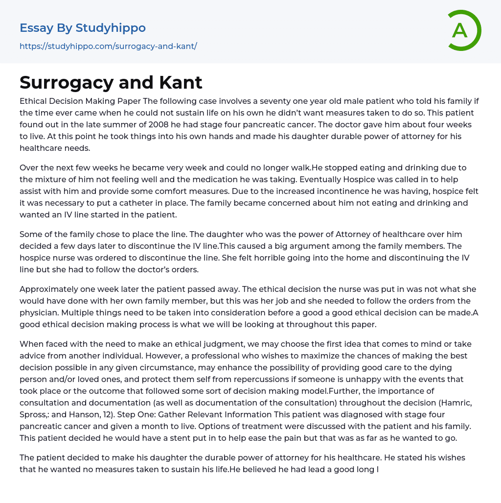 Surrogacy and Kant Essay Example