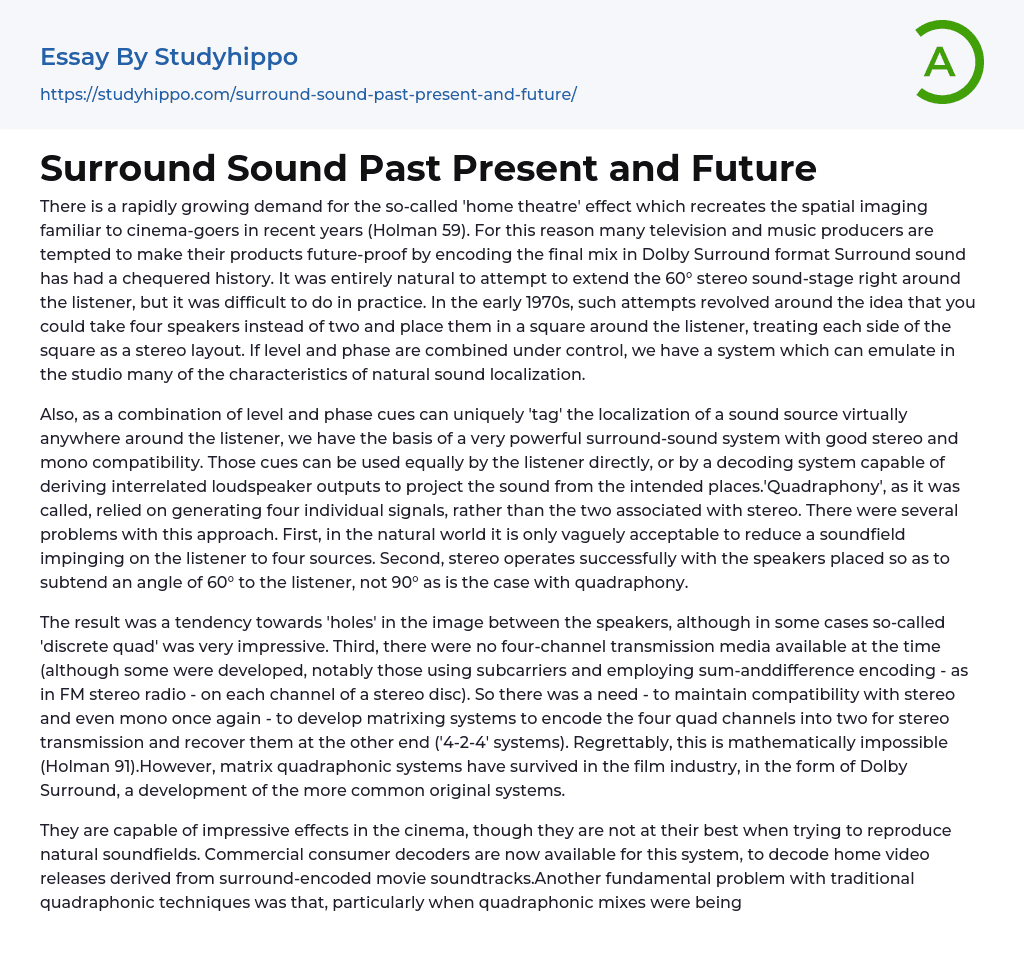 Surround Sound Past Present and Future Essay Example