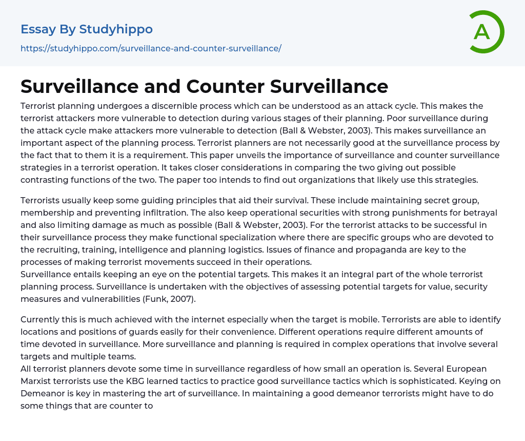 Surveillance and Counter Surveillance Essay Example
