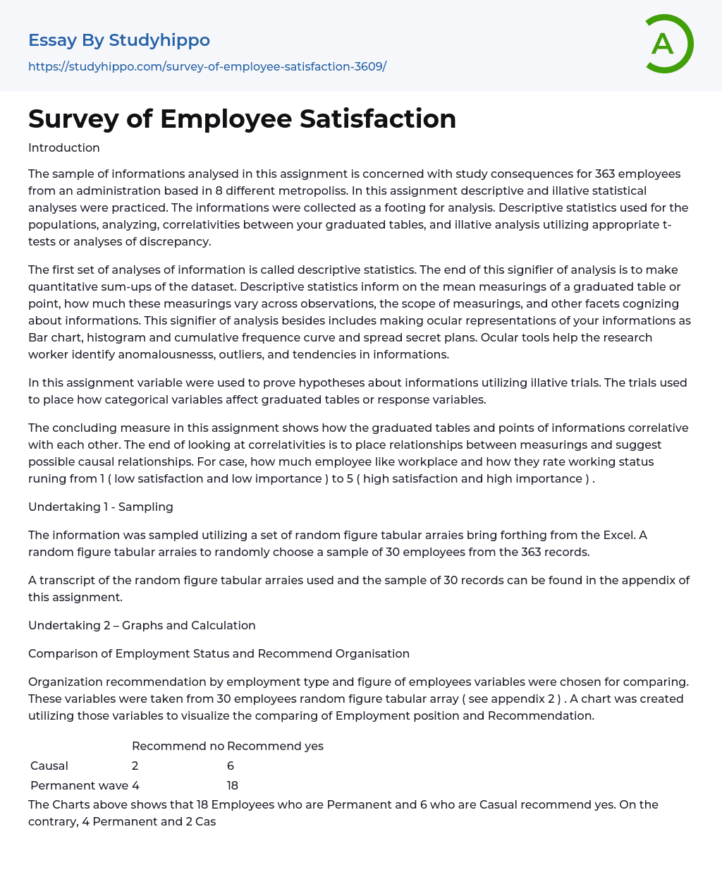 Survey of Employee Satisfaction Essay Example