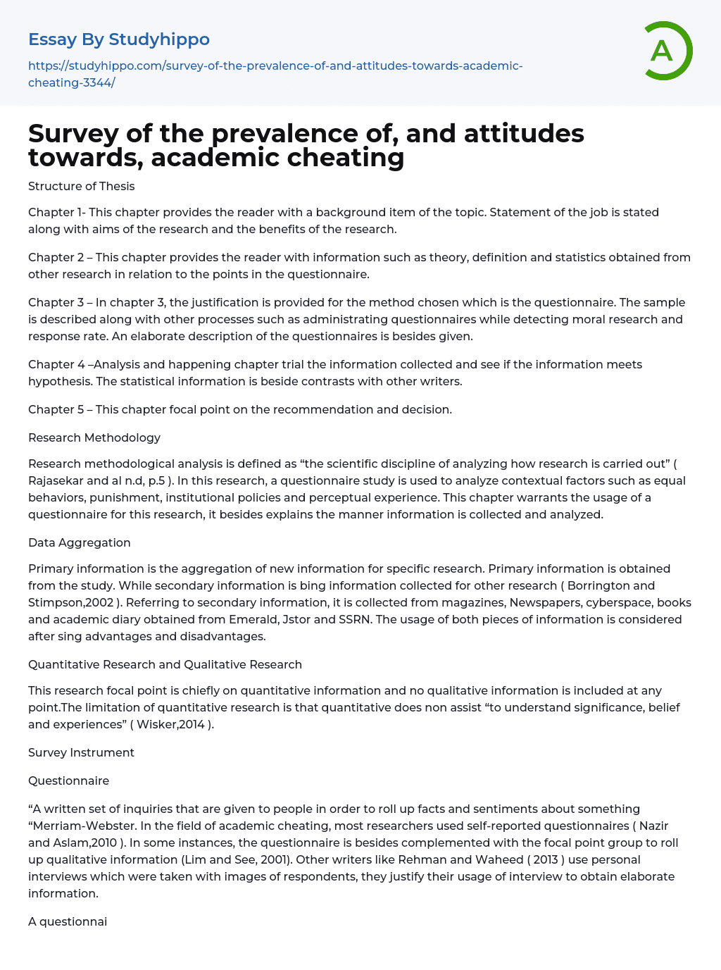 Survey of the prevalence of, and attitudes towards, academic cheating Essay Example