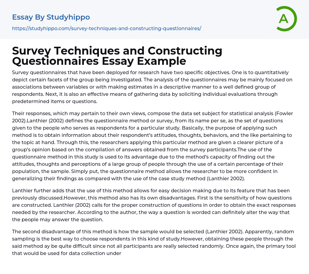 Survey Techniques and Constructing Questionnaires Essay Example