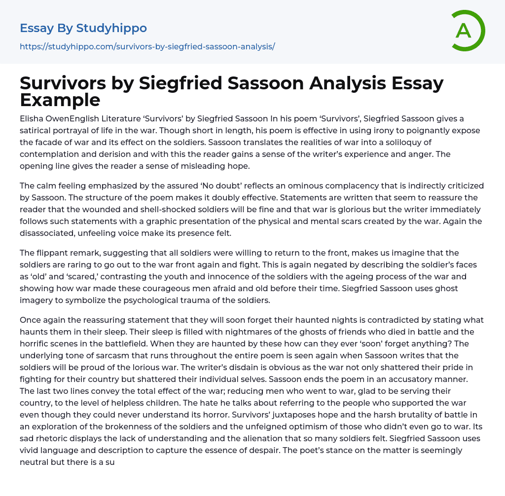 Survivors by Siegfried Sassoon Analysis Essay Example