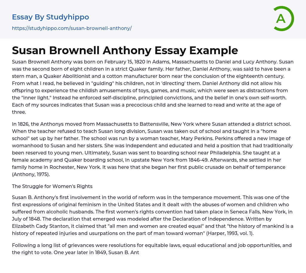 Susan Brownell Anthony Essay Example