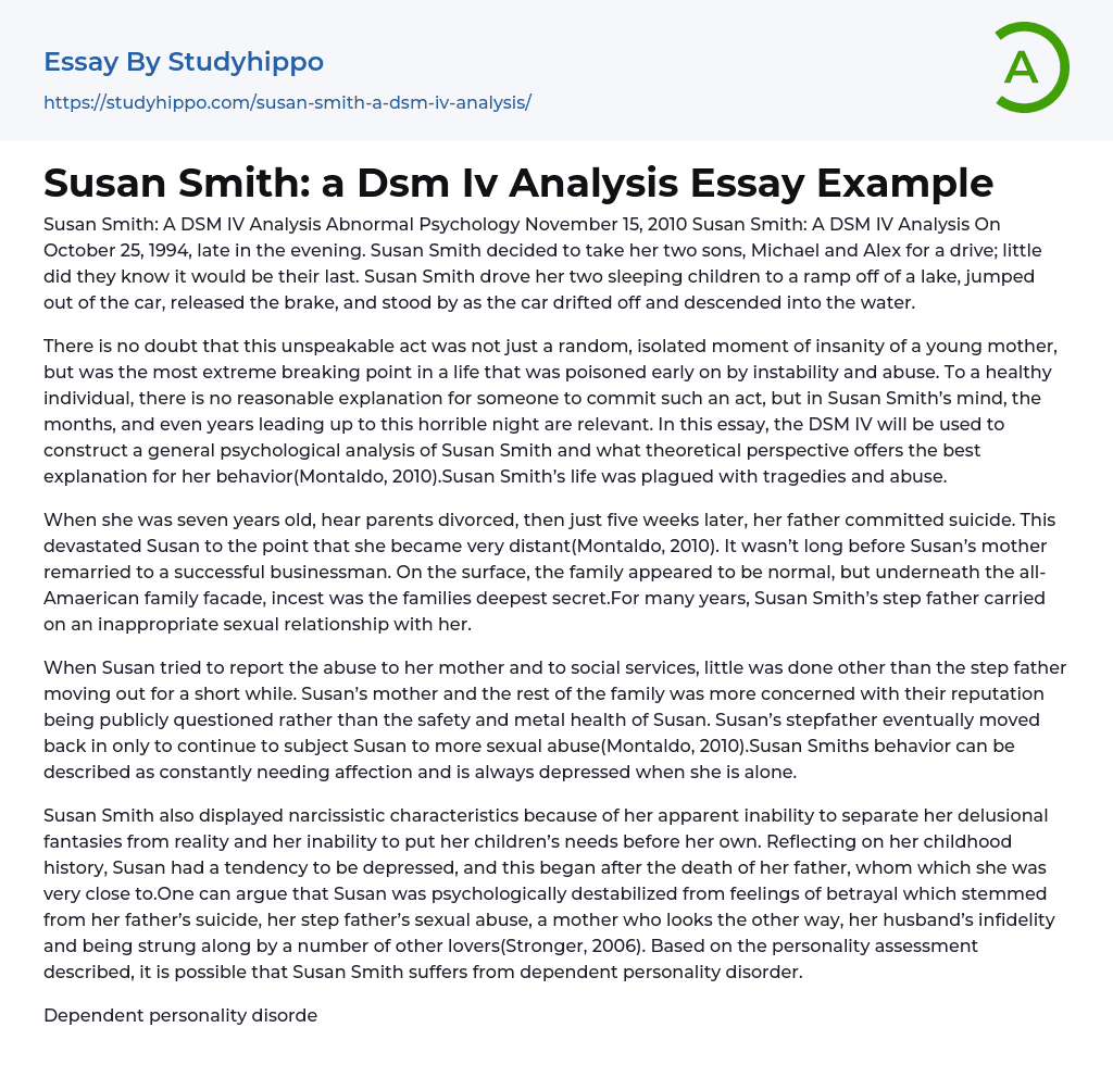 Susan Smith: a Dsm Iv Analysis Essay Example