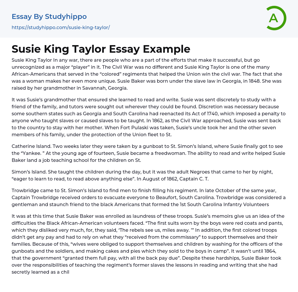 Susie King Taylor Essay Example