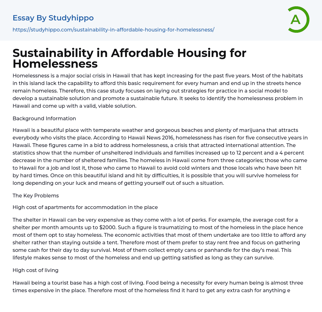 Sustainability in Affordable Housing for Homelessness Essay Example