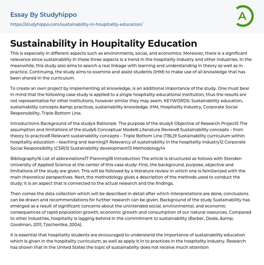 Sustainability in Houpitality Education Essay Example