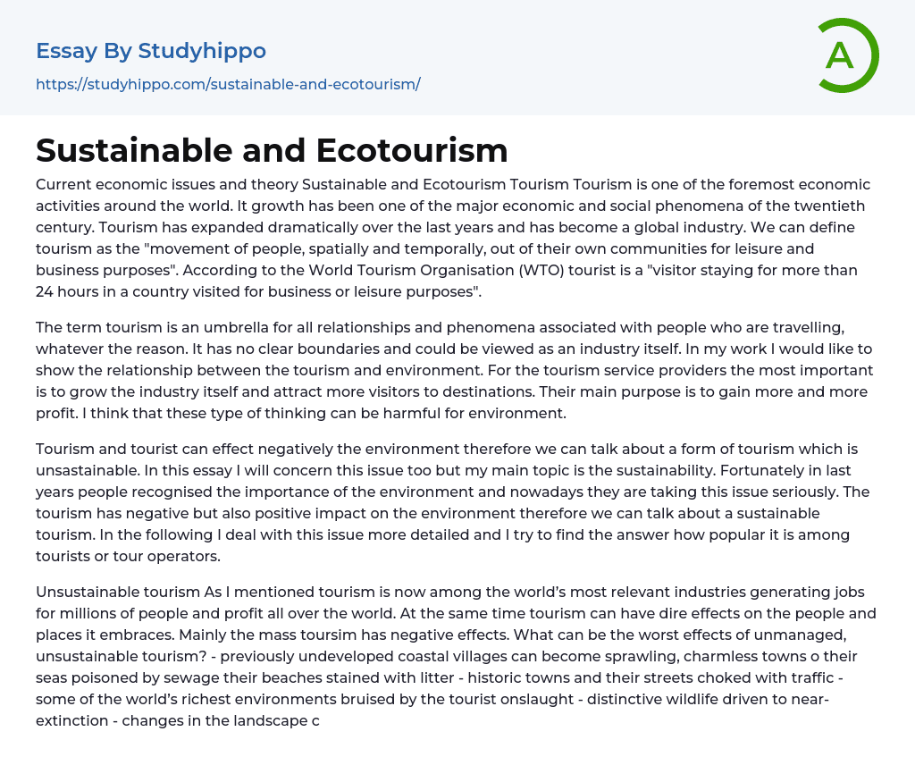 Sustainable and Ecotourism Essay Example