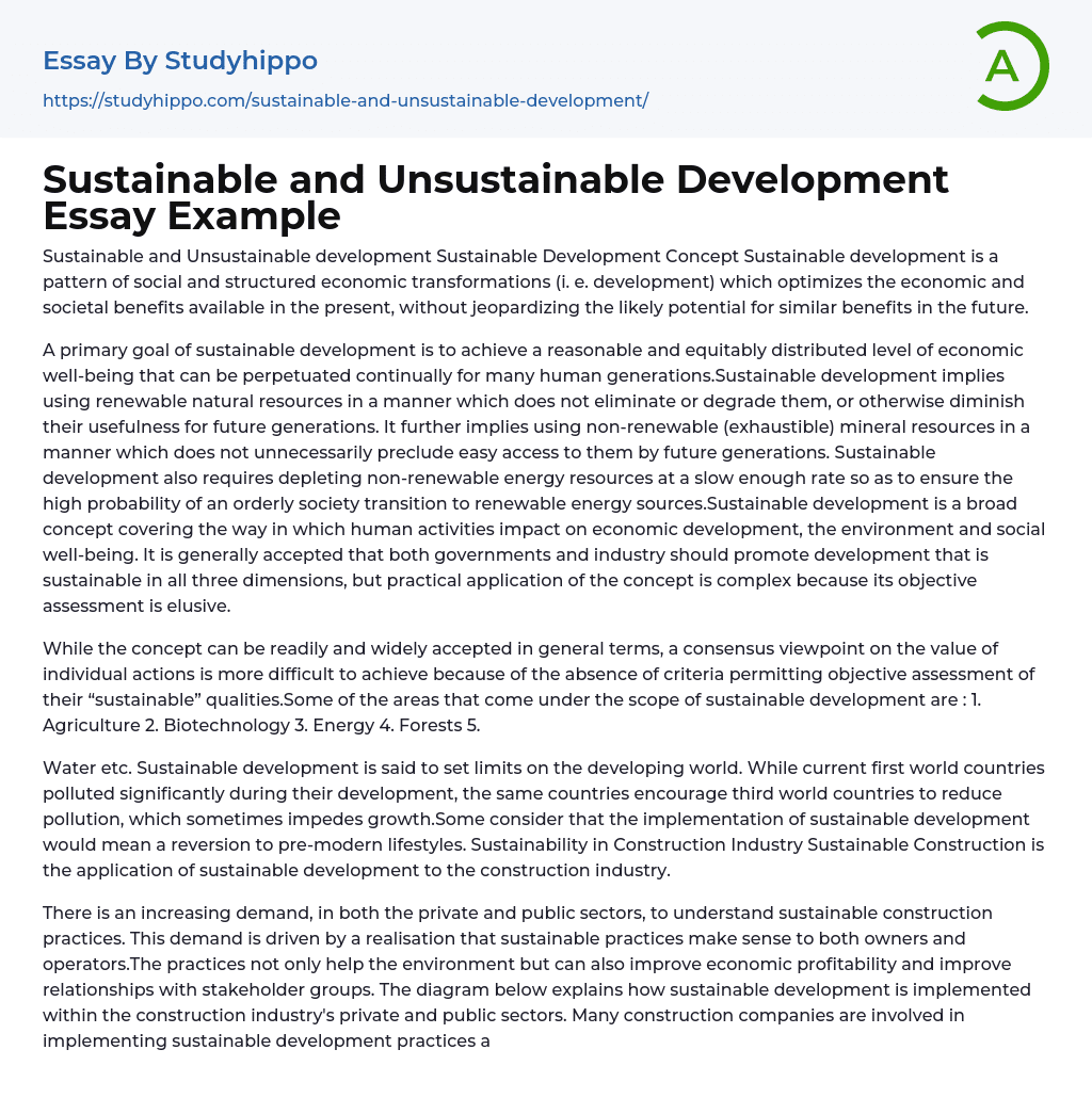 Sustainable and Unsustainable Development Essay Example
