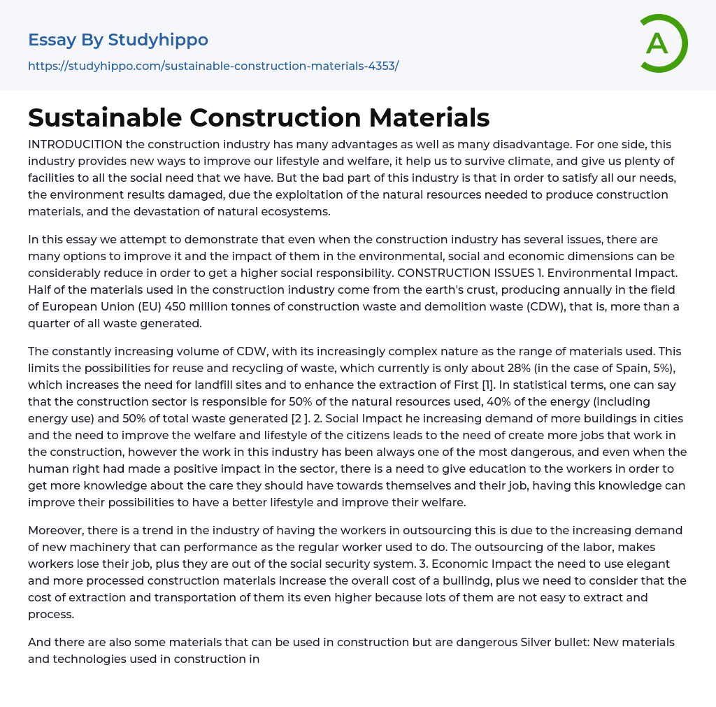 Sustainable Construction Materials Essay Example
